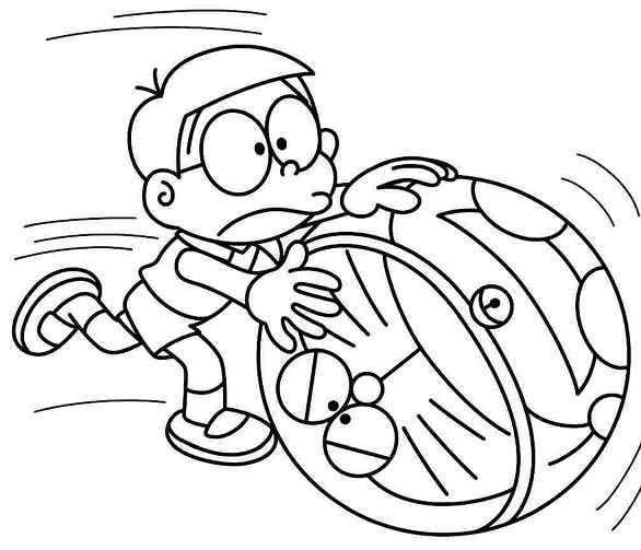 Tranh tô màu Nobita đẩy quả bóng Doremon thành quả quảng